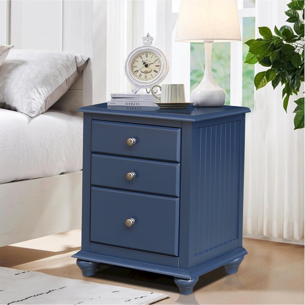 3-Drawer Nightstand, Modern Denim Blue Bedside Table with Tiered Storage. Picture 2