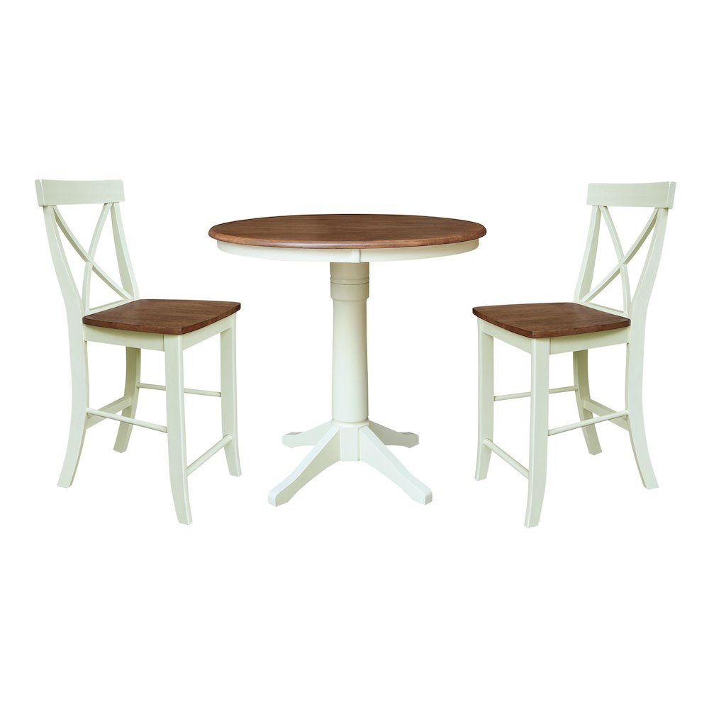 36" Round Pedestal Gathering Height Table With 2 X-Back Counter Height Stools. Picture 1