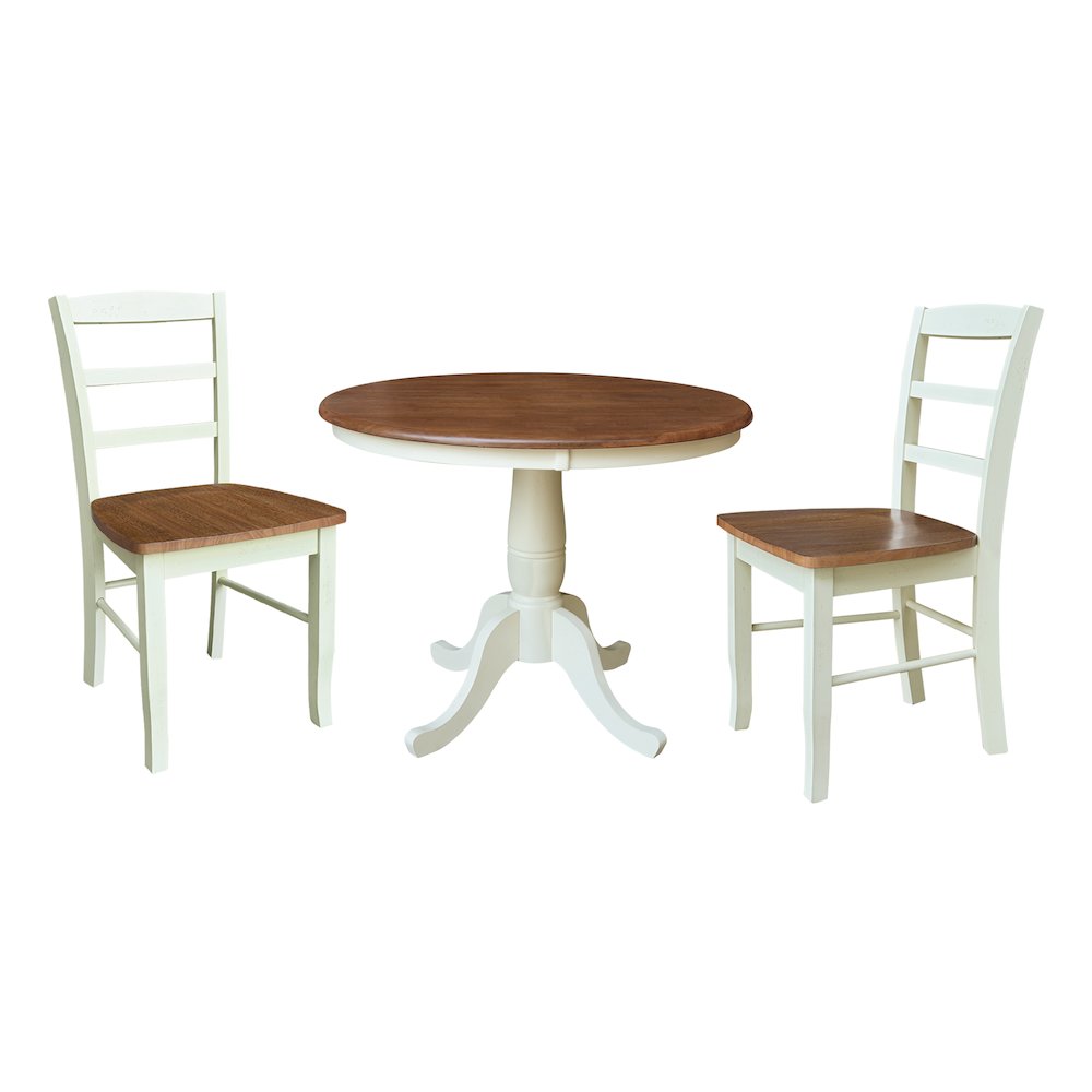 36" Round Pedestal Dining Table with 2 Madrid LadderBack Chairs. Picture 1
