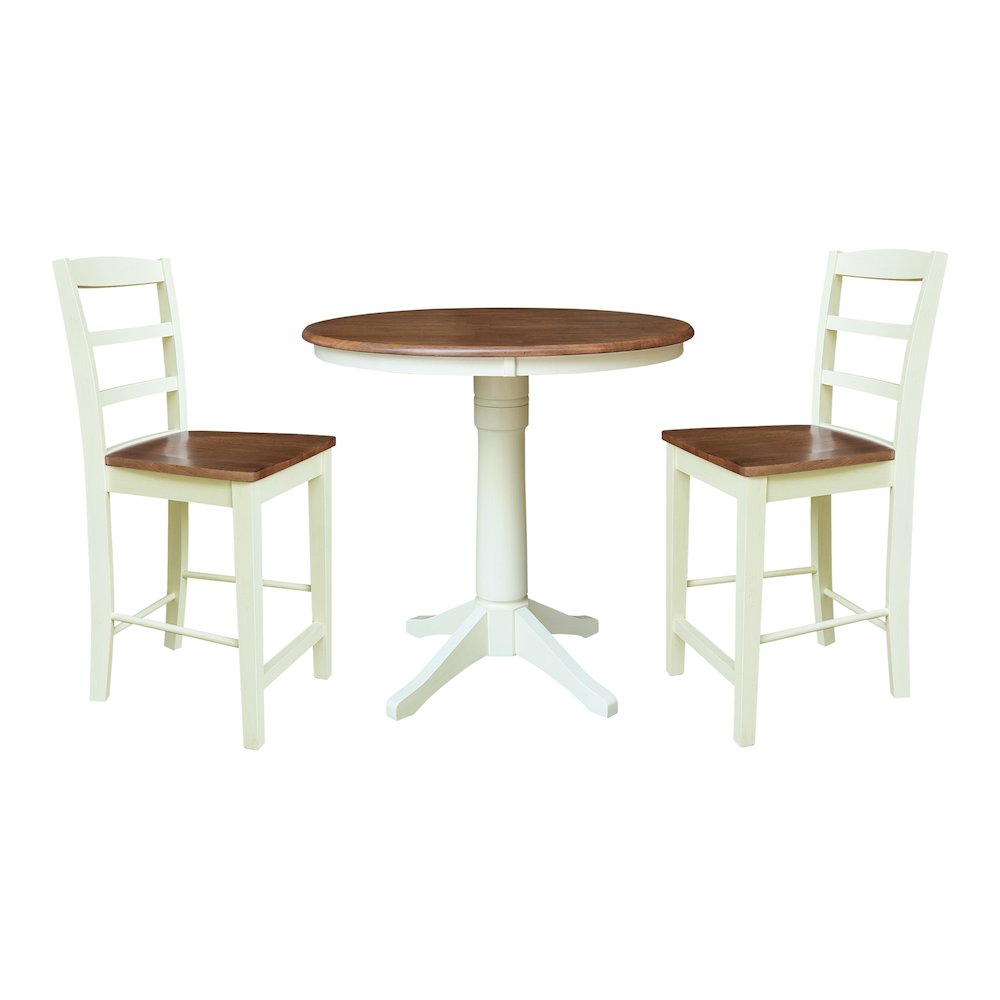 36" Round Pedestal Gathering Height Table With 2 Madrid Counter Height Stools. Picture 1