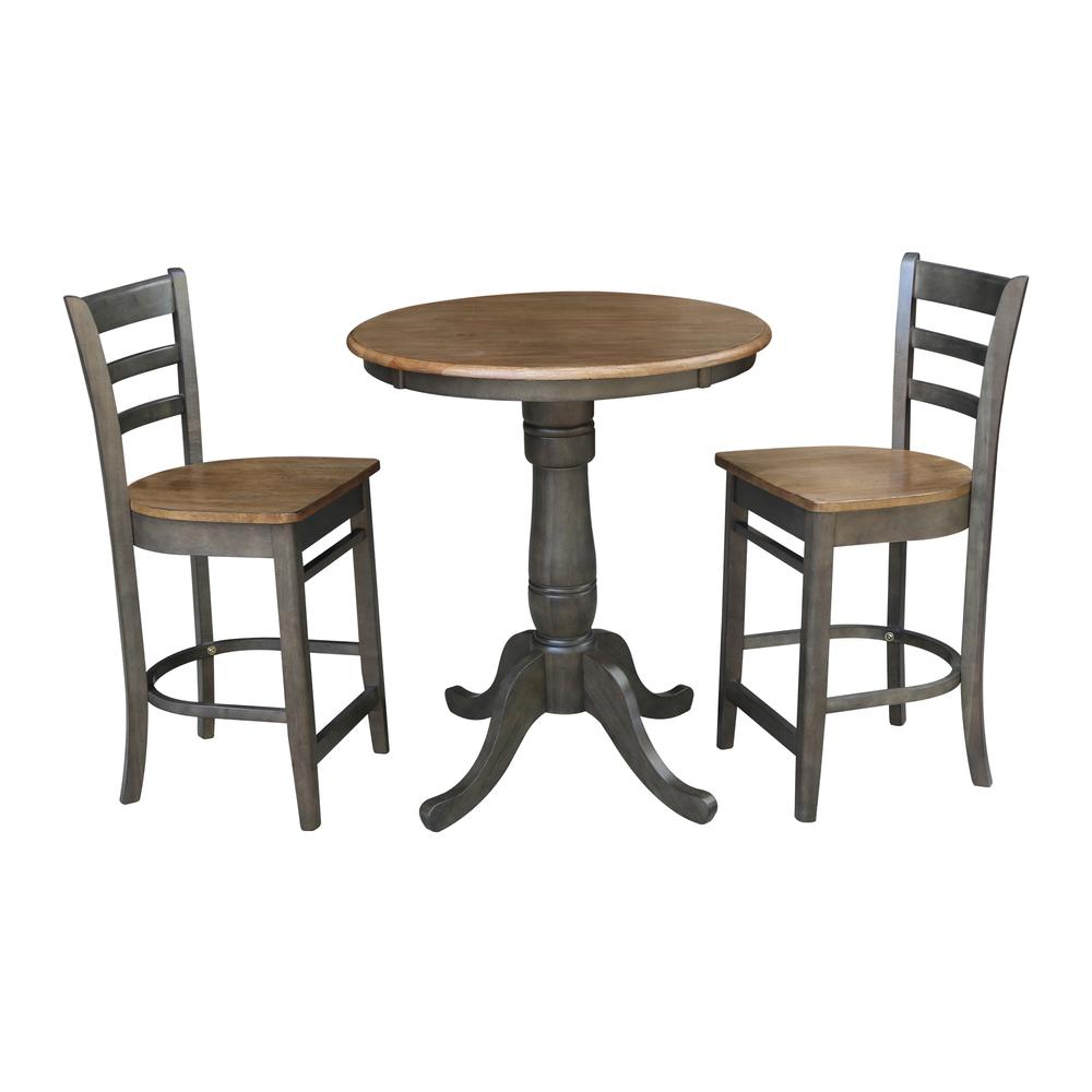 30" Round Pedestal Gathering Height Table With 2 Emily Counter Height Stools. Picture 1
