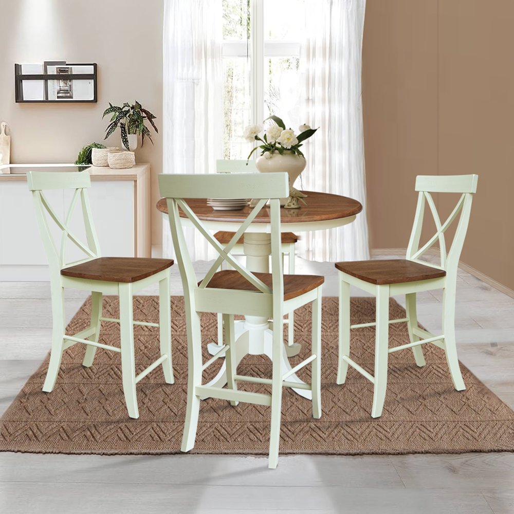36" Round Pedestal Gathering Height Table With 4 X-Back Counter Height Stools. Picture 4