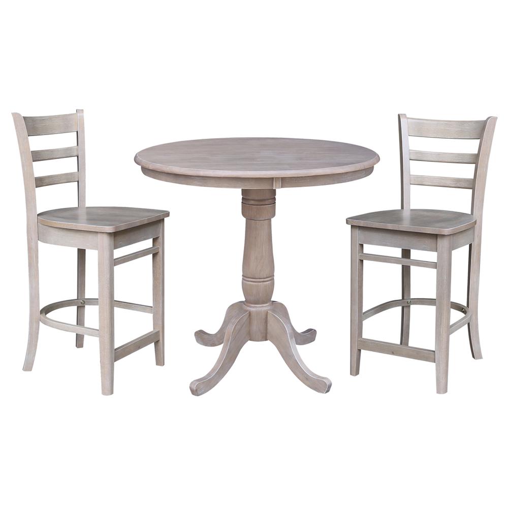 36" Round Pedestal Gathering Height Table with 2 Emily Counter Height Stools. Picture 2