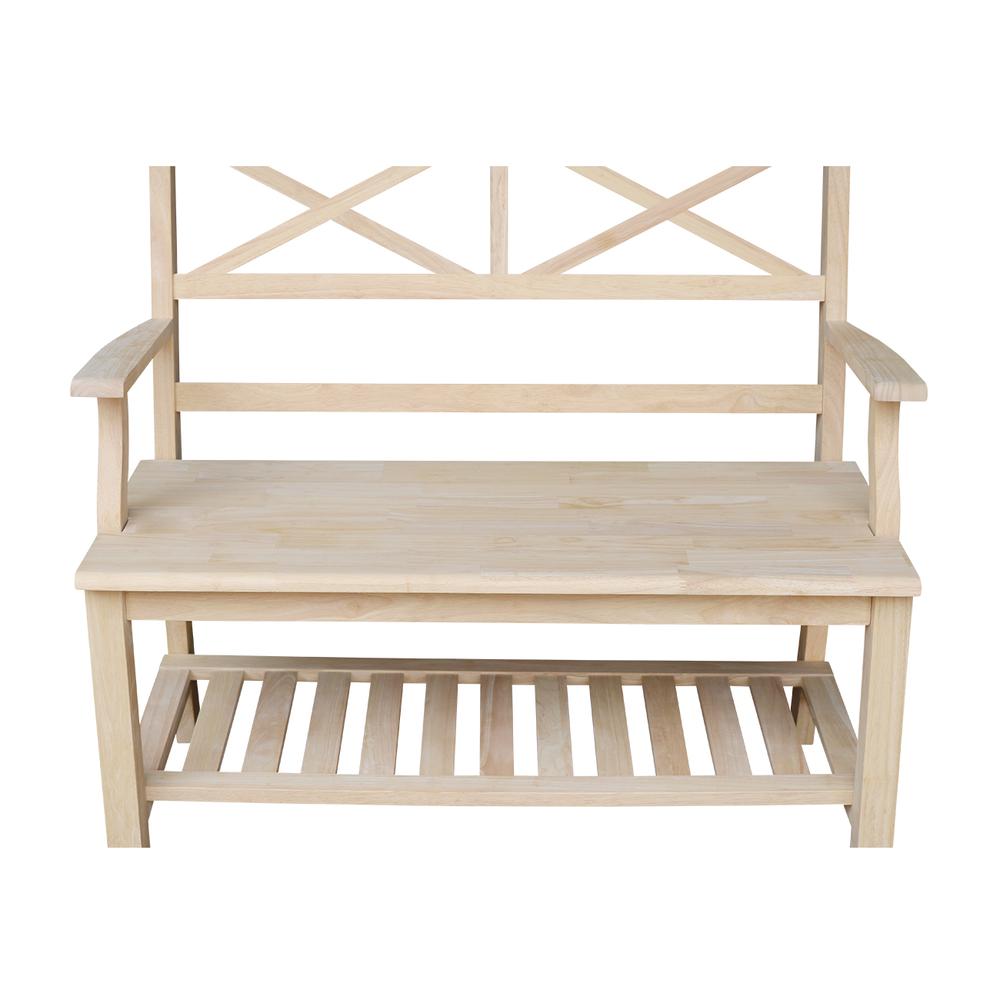 Double X-Back Bench With Arms and Shelf, Unfinished. Picture 2