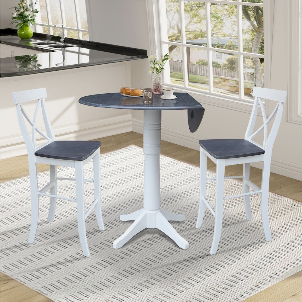 42" Round Top Dual Drop Leaf Pedestal Table with 2 Stools. Picture 5