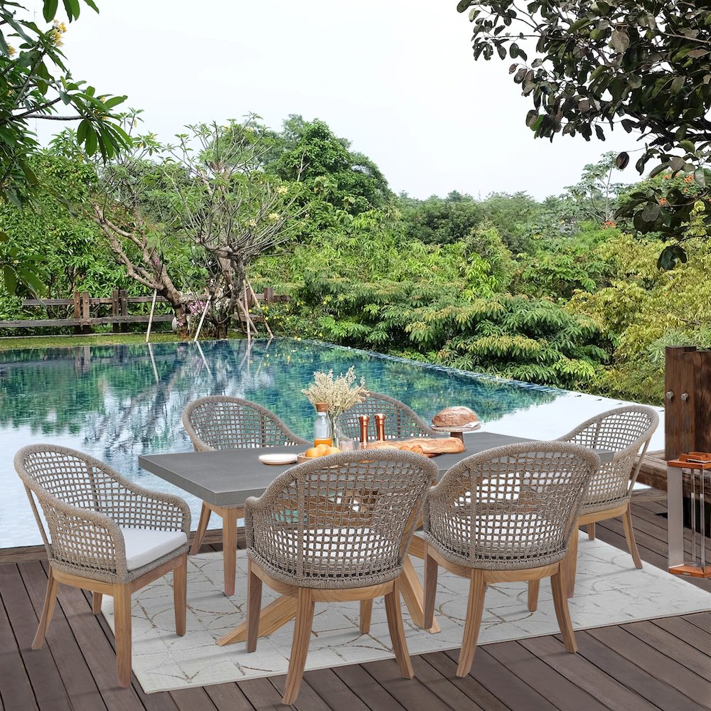 Outdoor 7 Piece Teak Patio Furniture Set with a Table and 6 Chairs, Natural/Gray. Picture 8