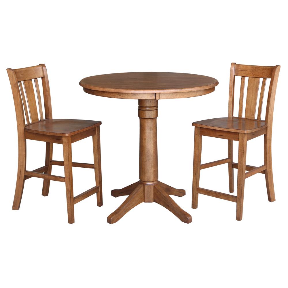 36" Round Pedestal Gathering Height Table with 2 San Remo Counter Height Stools. Picture 2