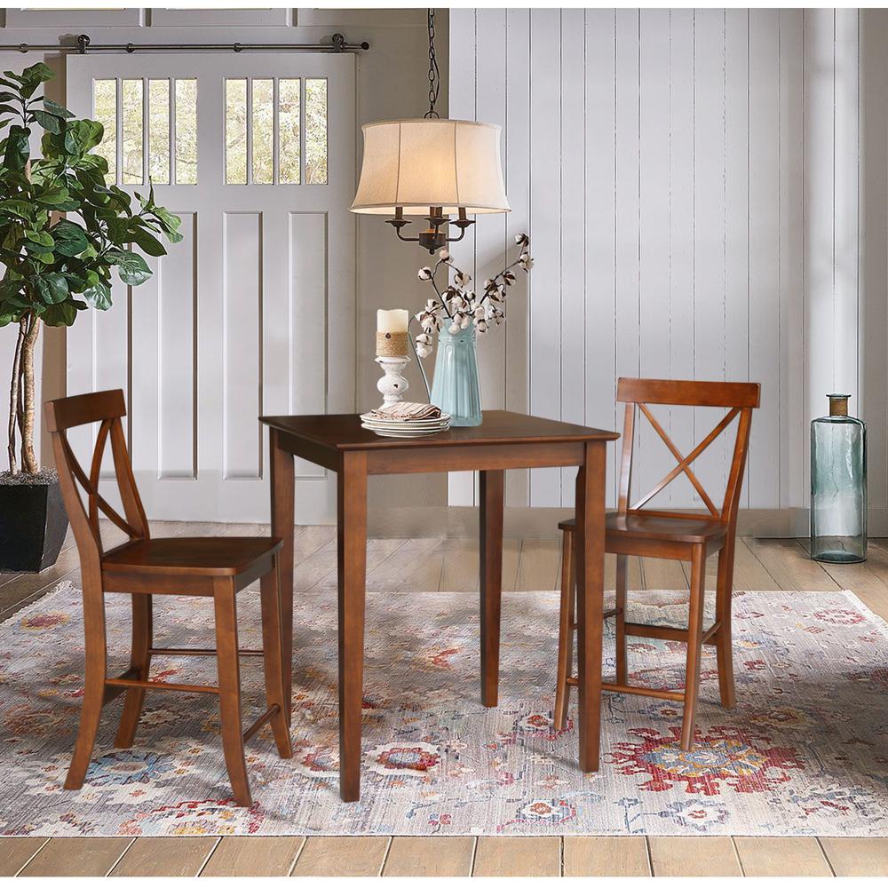30" x 30" Counter Height Dining Table with 2 X-Back Stools, 24" Seat Height. Picture 1