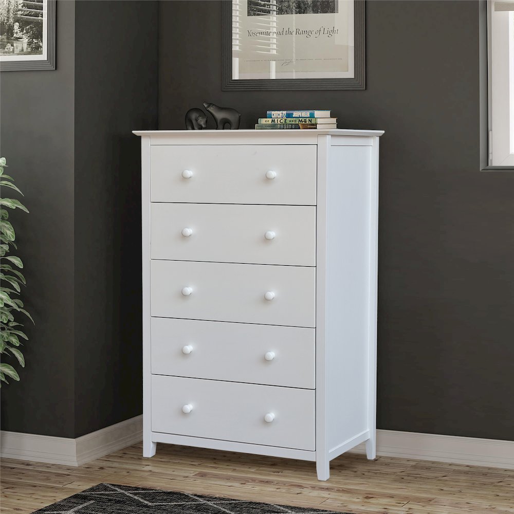 Solid Wood Bedroom Dresser/Chest with 5 Drawers, White. Picture 7