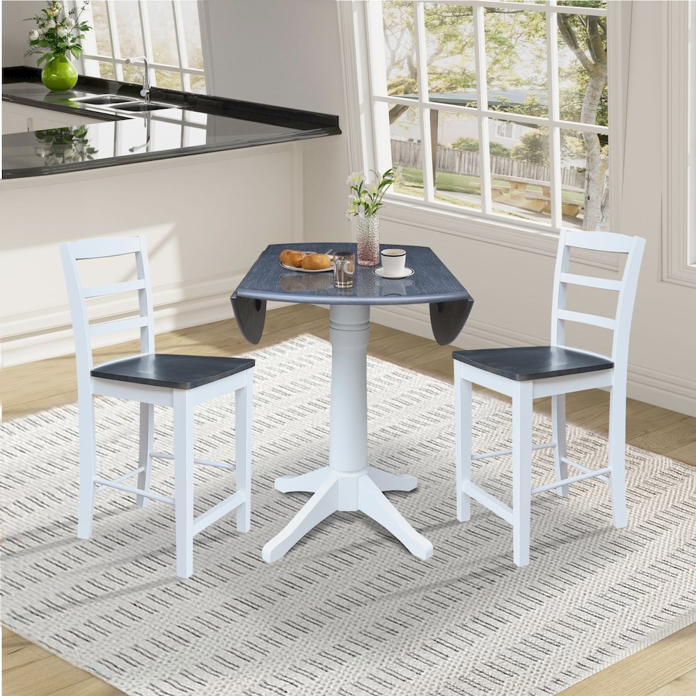 42" Round Top Dual Drop Leaf Pedestal Table with 2 Stools. Picture 4