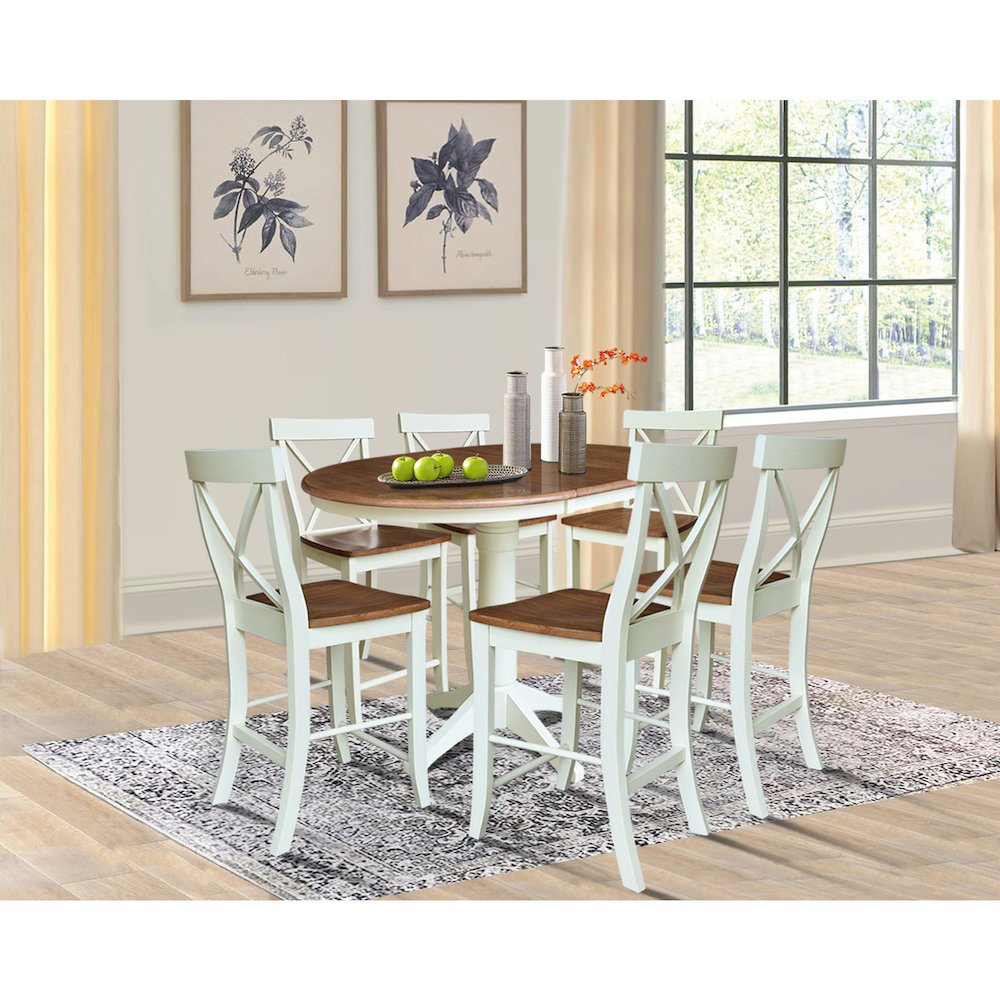 36" Round Extension Dining Table with 6 X-Back Counter Height Stools. Picture 4