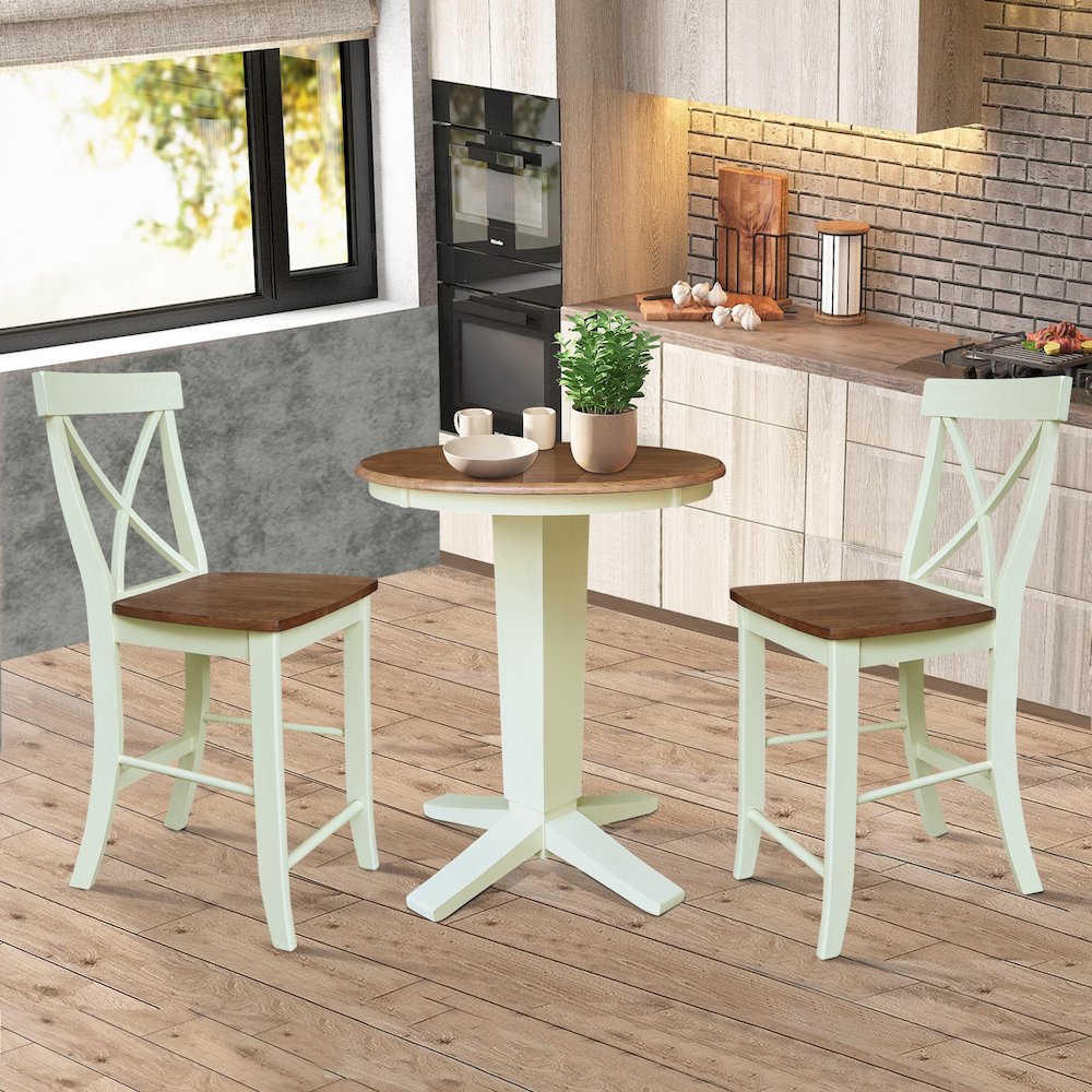 30" Solid Wood Round Top Pedestal Dining Table with 2 Counter Height Stools. Picture 4