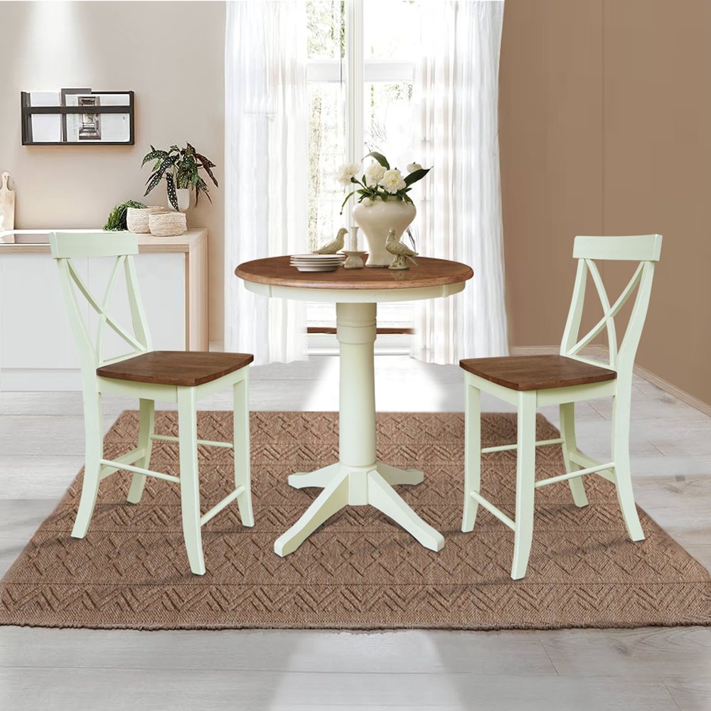 30" round Pedestal gathering Height table with 2 x-Back counter Height Stools. Picture 4
