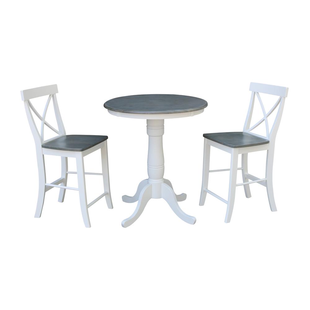 30" Round Pedestal Gathering Height Table With 2 X-Back Counter Height Stools. Picture 1