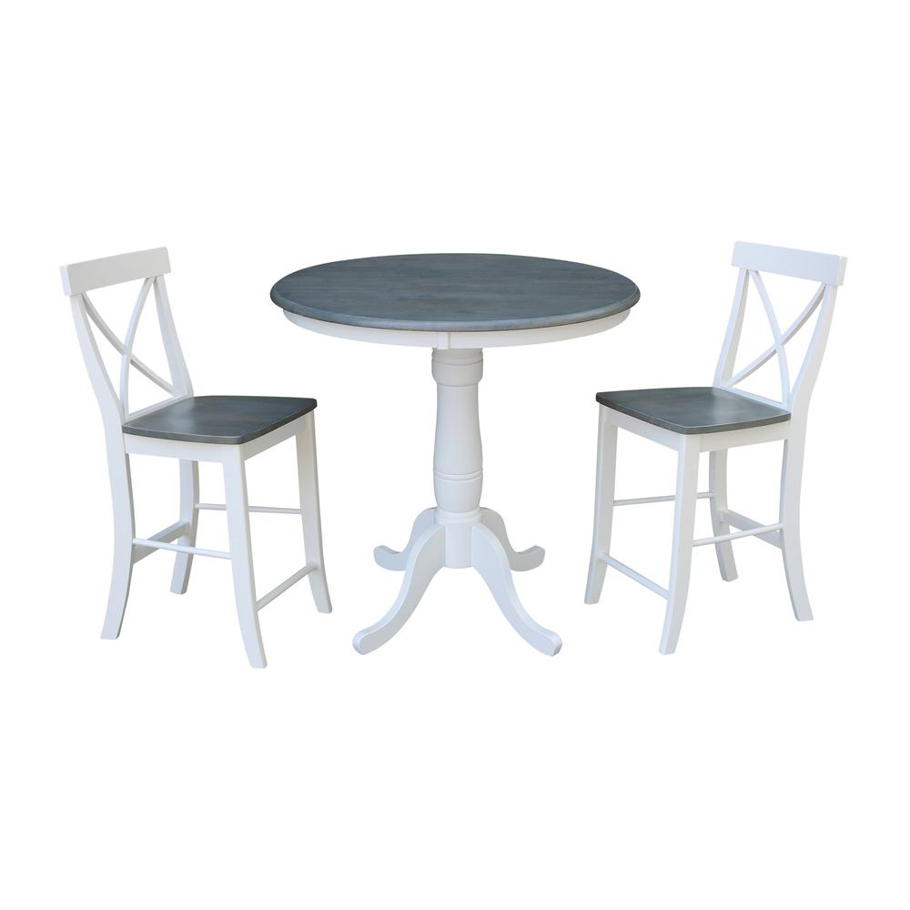 36" Round Pedestal Gathering Height Table With 2 X-Back Counter Height Stools. Picture 1
