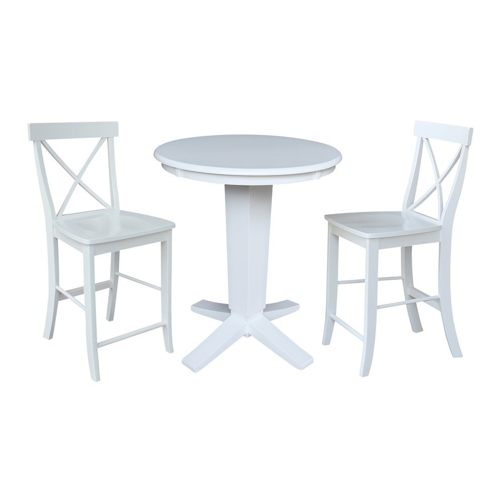 30 in Round Top Counter Height Dining Table with 2 Stools in White - 3 Piece Set. Picture 1
