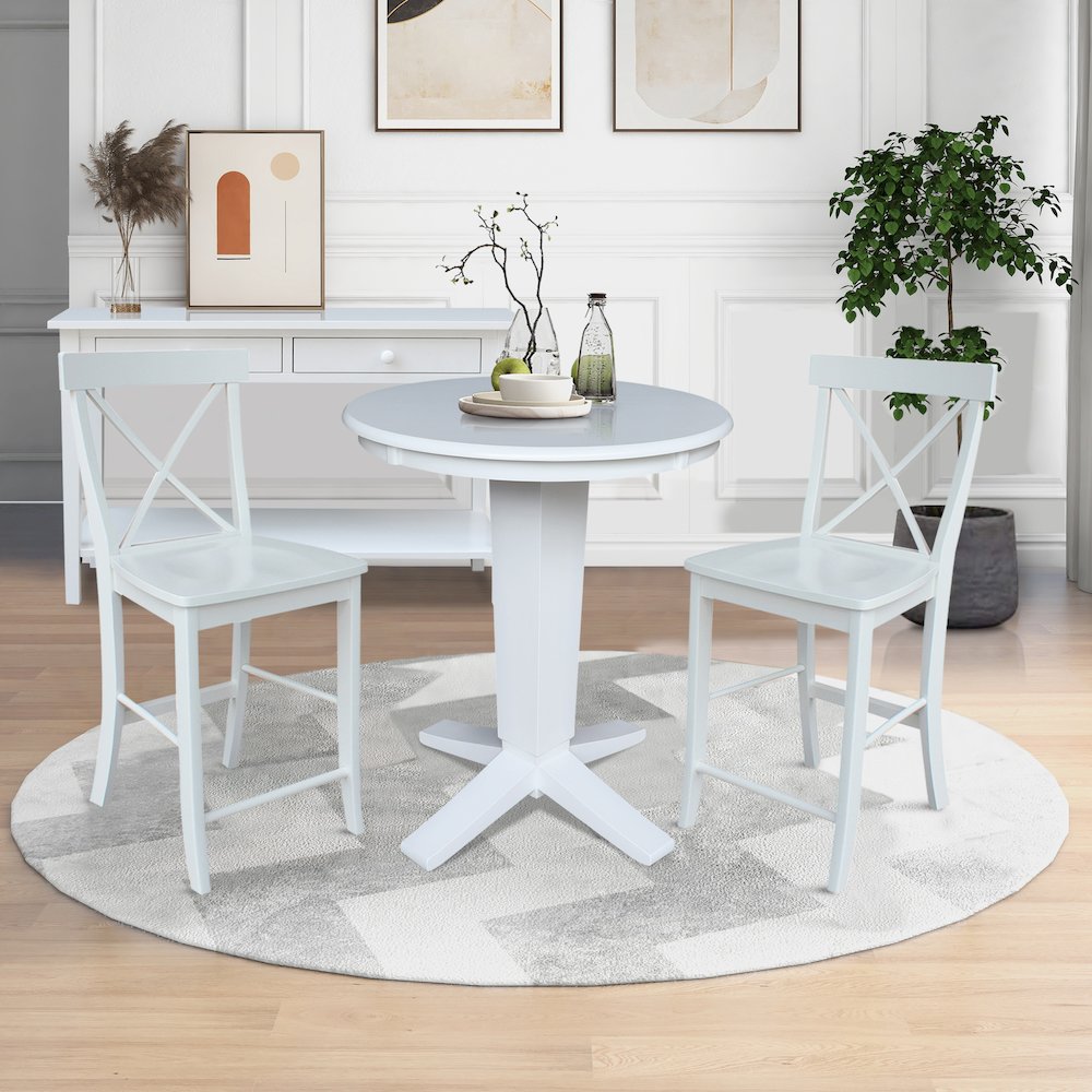 30 in Round Top Counter Height Dining Table with 2 Stools in White - 3 Piece Set. Picture 2