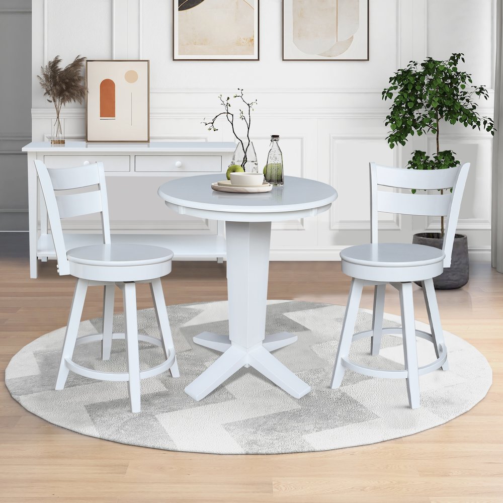 30 in Round Top Counter Height Dining Table with 2 Stools in White - 3 Piece Set. Picture 2