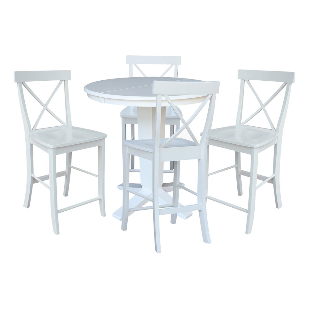 36 in Round Counter Height Dining Table with 12 in Leaf Pcs in White - 5 Pcs Set. Picture 1