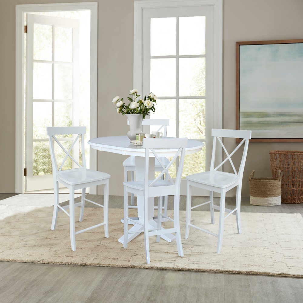 36 in Round Counter Height Dining Table with 12 in Leaf Pcs in White - 5 Pcs Set. Picture 2