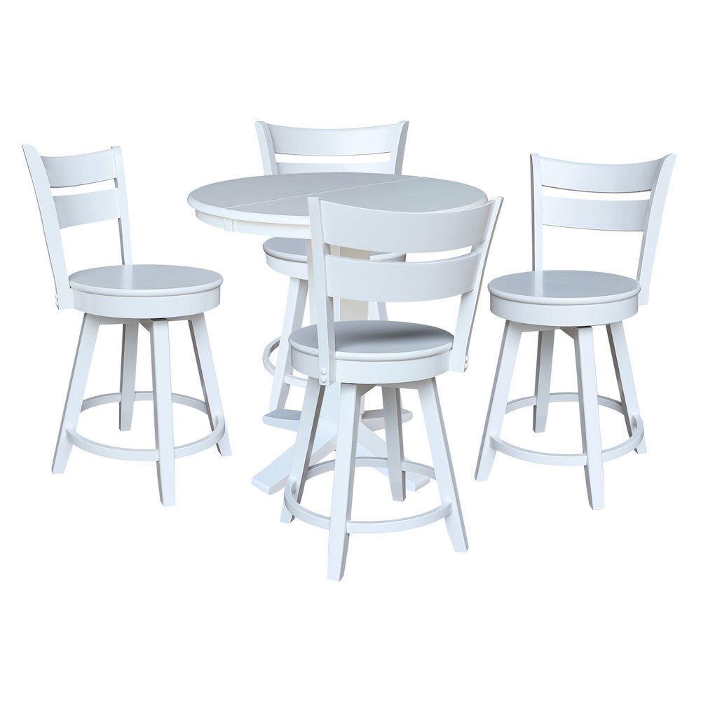 36 in Round Counter Height Dining Table with 12 in Leaf Pcs in White - 5 Pcs Set. Picture 1