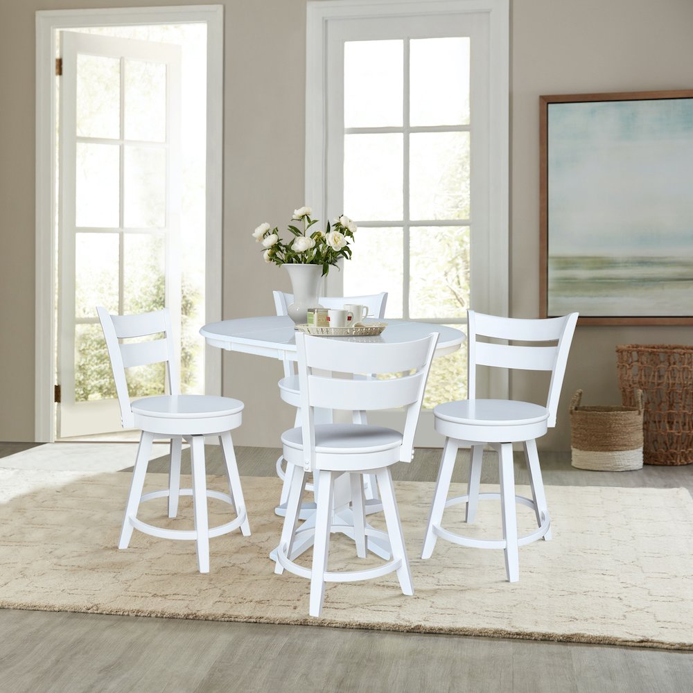 36 in Round Counter Height Dining Table with 12 in Leaf Pcs in White - 5 Pcs Set. Picture 2