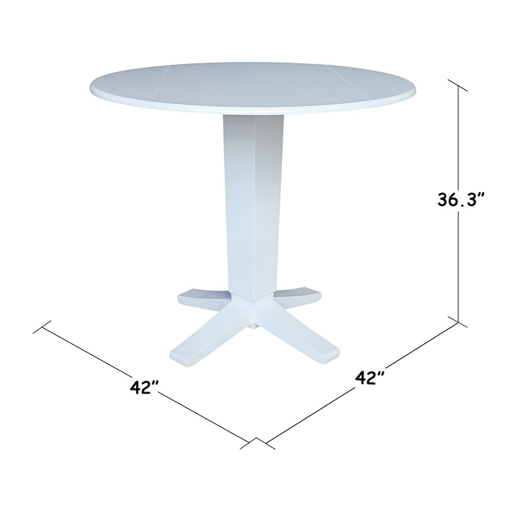 42 in Round Dual Drop Leaf Pedestal Counter Height Dining Table in White. Picture 1