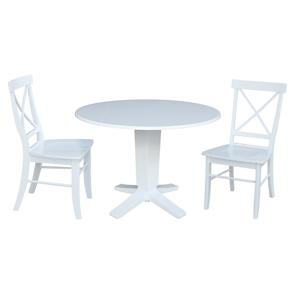 42 in Round Drop Leaf Pedestal Table with 2 Dining Chairs in White - 3 Piece Set. Picture 7