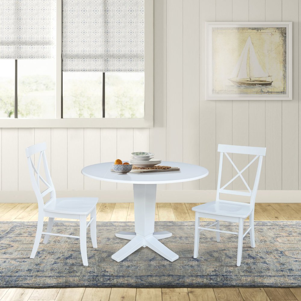 42 in Round Drop Leaf Pedestal Table with 2 Dining Chairs in White - 3 Piece Set. Picture 2