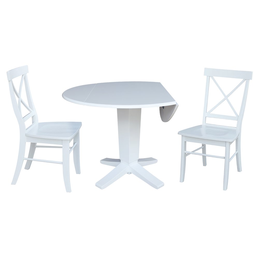 42 in Round Drop Leaf Pedestal Table with 2 Dining Chairs in White - 3 Piece Set. Picture 4