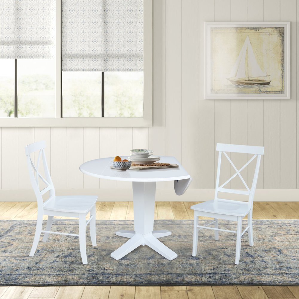42 in Round Drop Leaf Pedestal Table with 2 Dining Chairs in White - 3 Piece Set. Picture 3