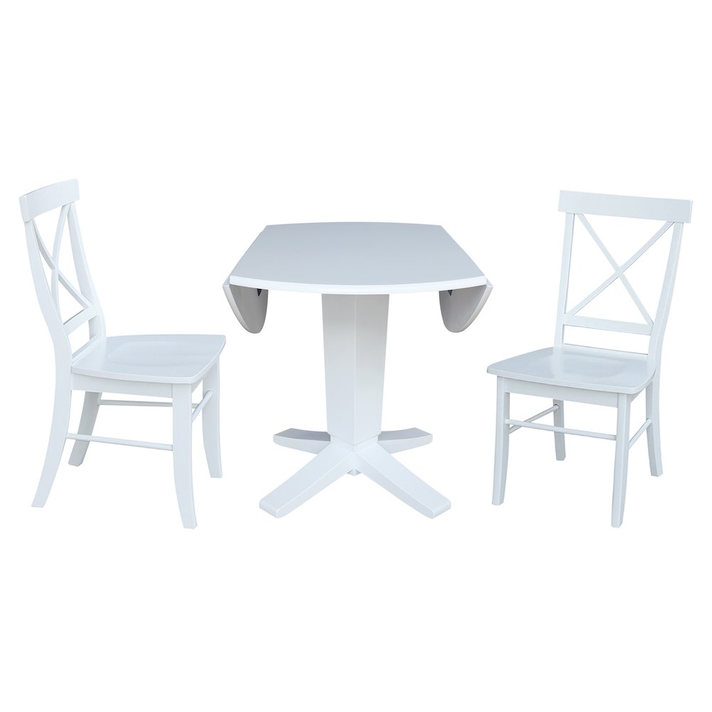 42 in Round Drop Leaf Pedestal Table with 2 Dining Chairs in White - 3 Piece Set. Picture 6