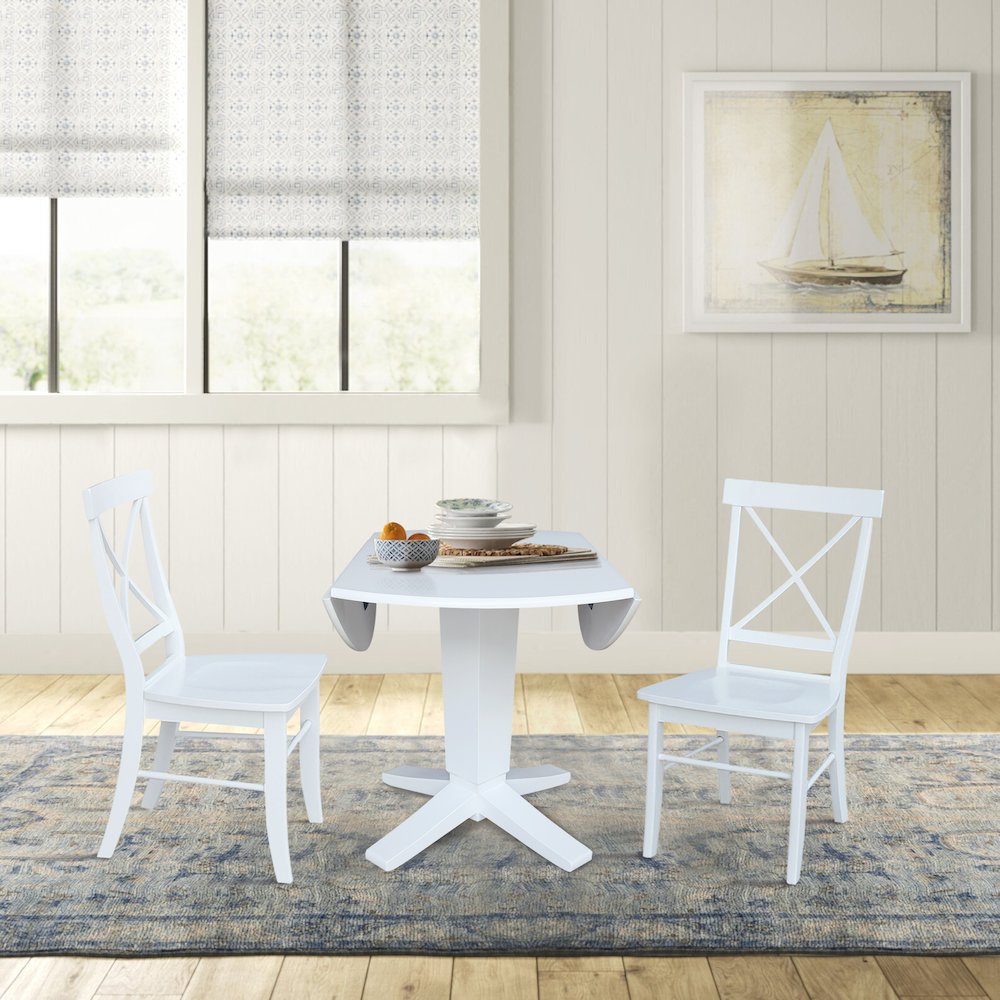 42 in Round Drop Leaf Pedestal Table with 2 Dining Chairs in White - 3 Piece Set. Picture 5