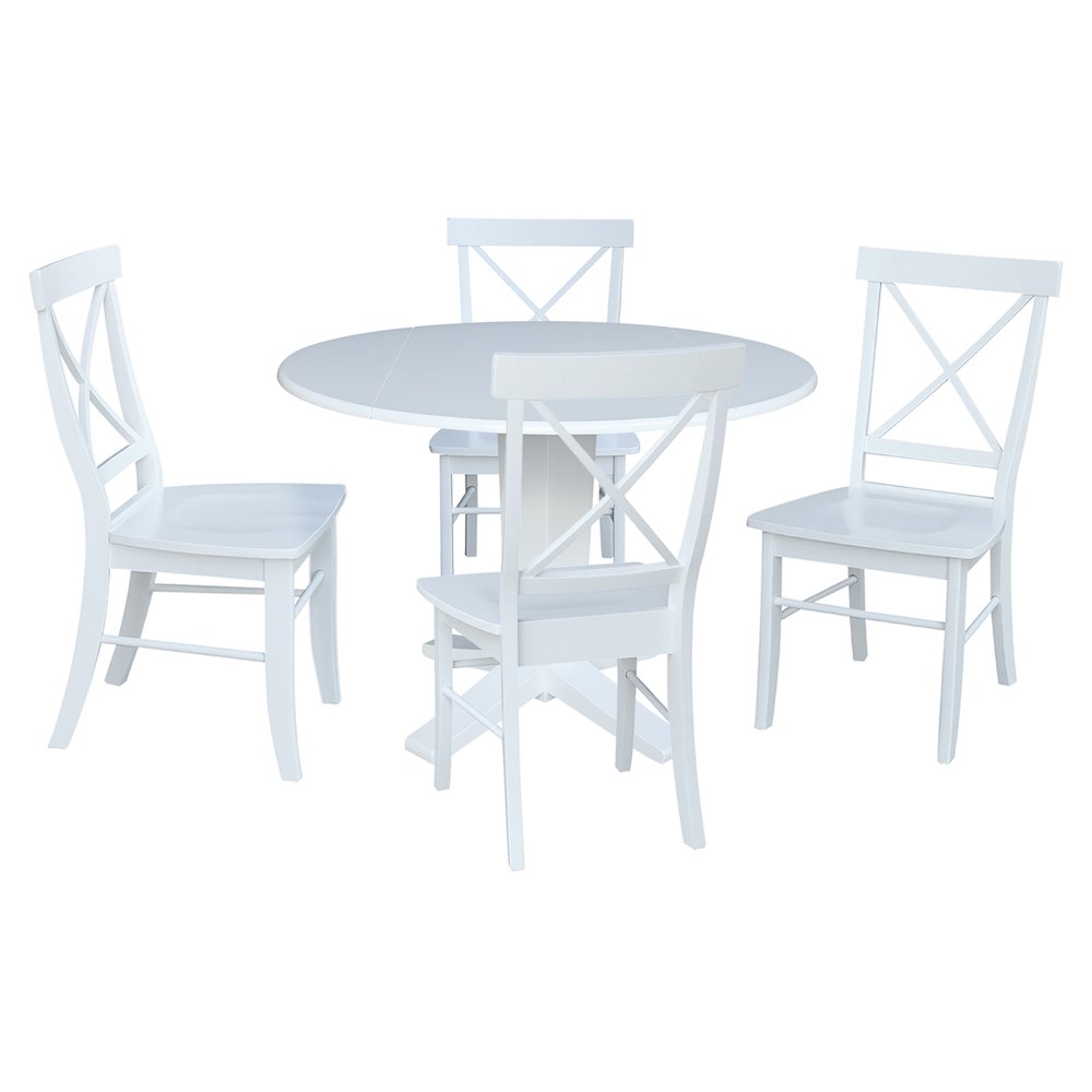 42 in Round Drop Leaf Pedestal Table with 4 Dining Chairs in White - 5 Piece Set. Picture 4