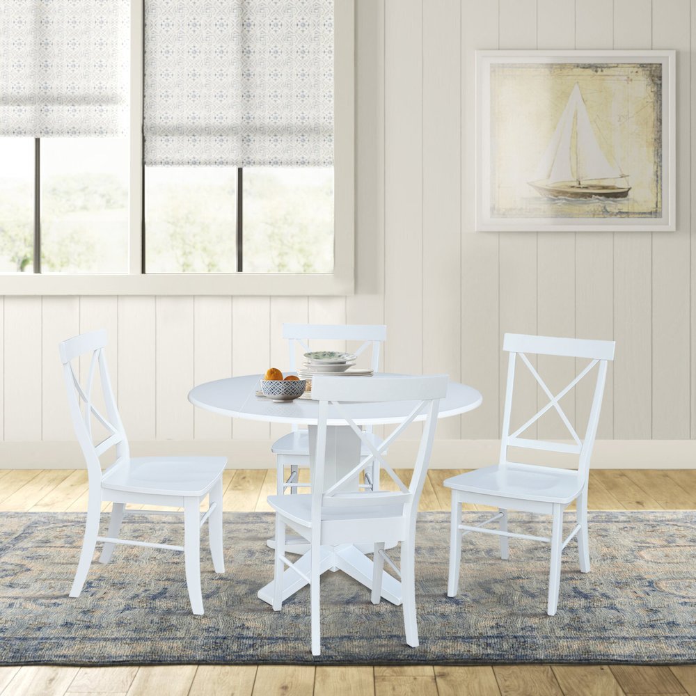 42 in Round Drop Leaf Pedestal Table with 4 Dining Chairs in White - 5 Piece Set. Picture 2