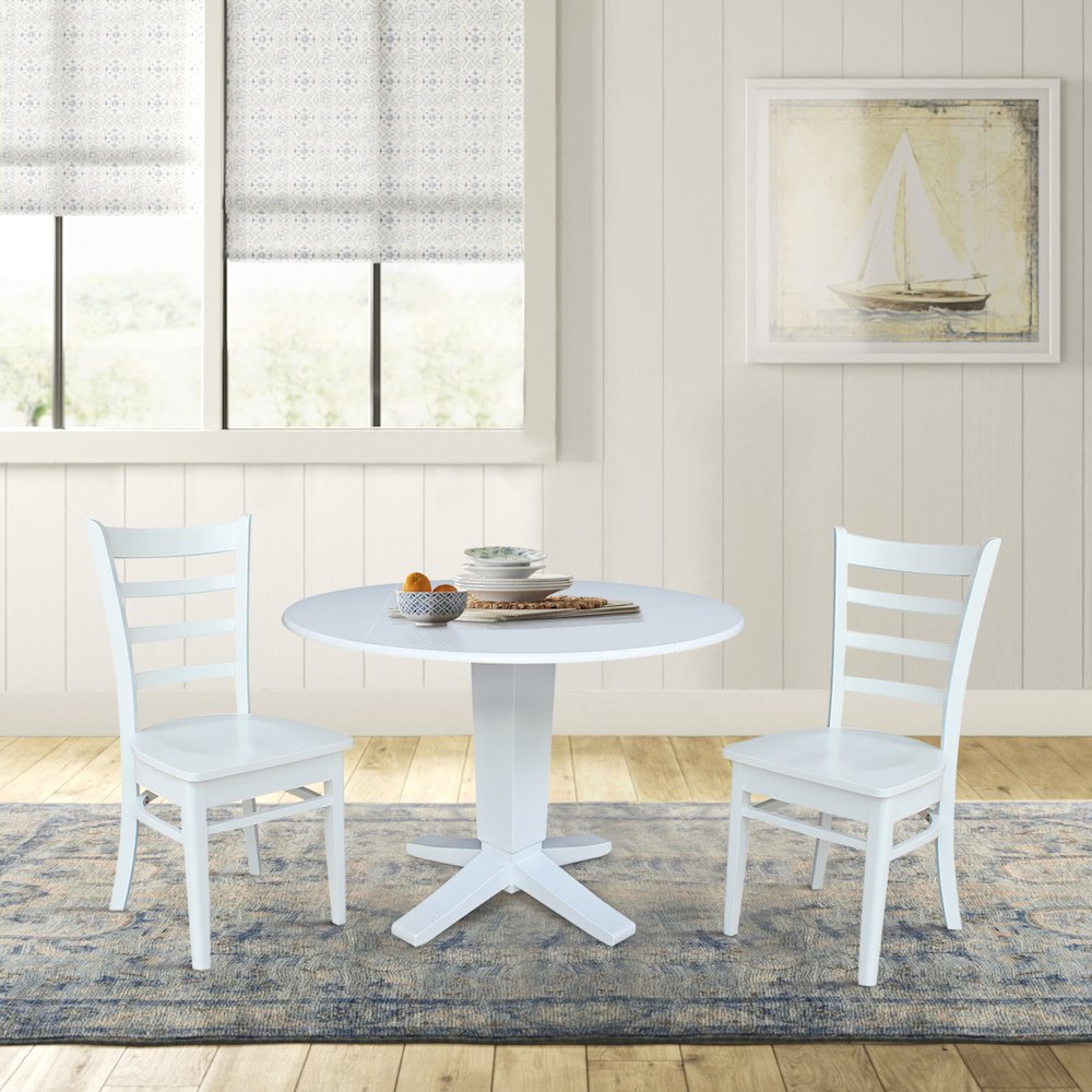 42 in Round Drop Leaf Pedestal Table with 2 Dining Chairs in White - 3 Piece Set. Picture 2