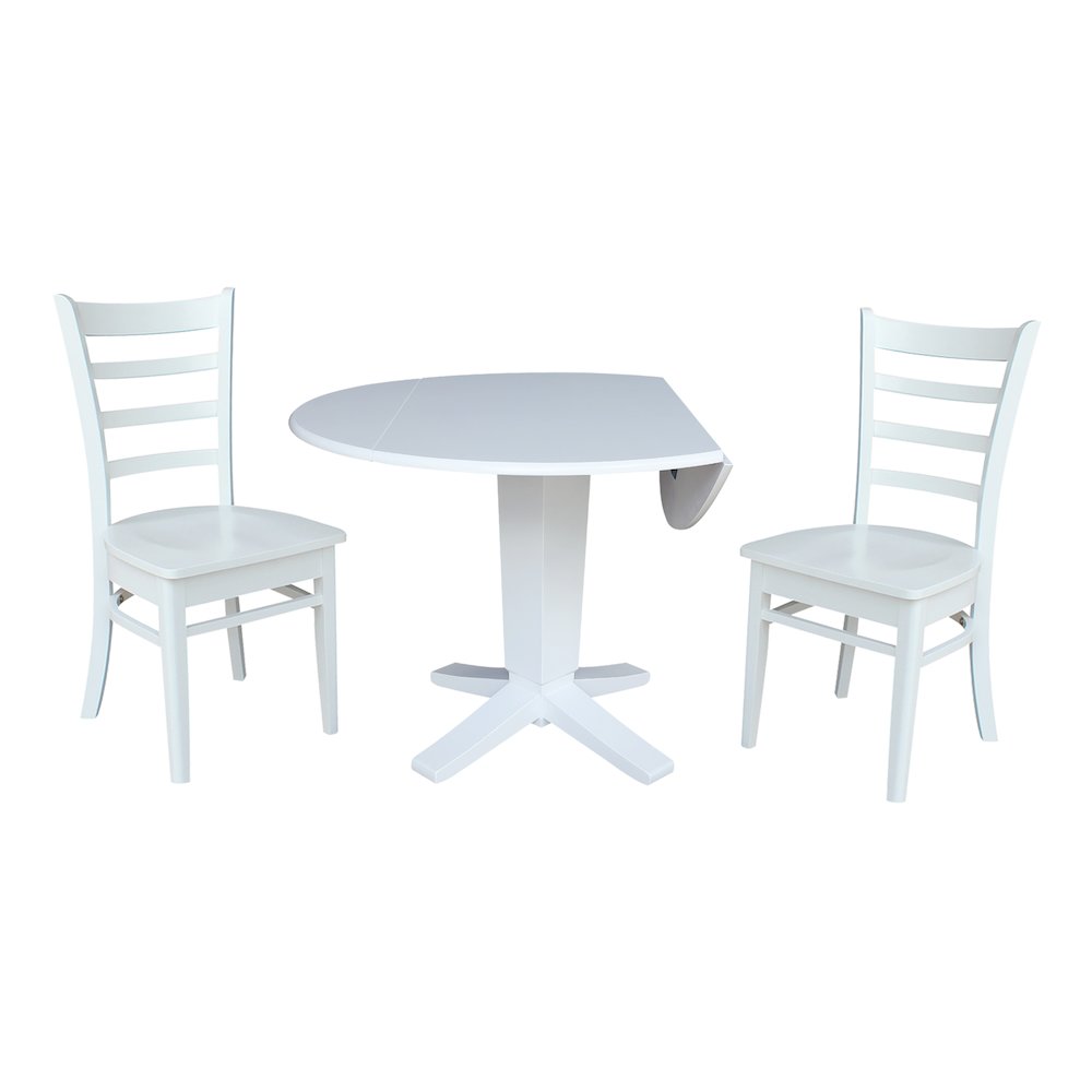 42 in Round Drop Leaf Pedestal Table with 2 Dining Chairs in White - 3 Piece Set. Picture 4