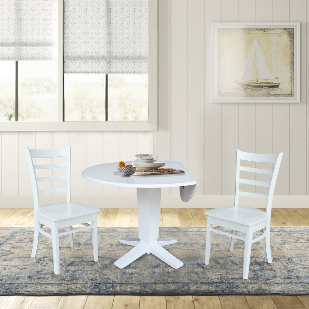 42 in Round Drop Leaf Pedestal Table with 2 Dining Chairs in White - 3 Piece Set. Picture 3