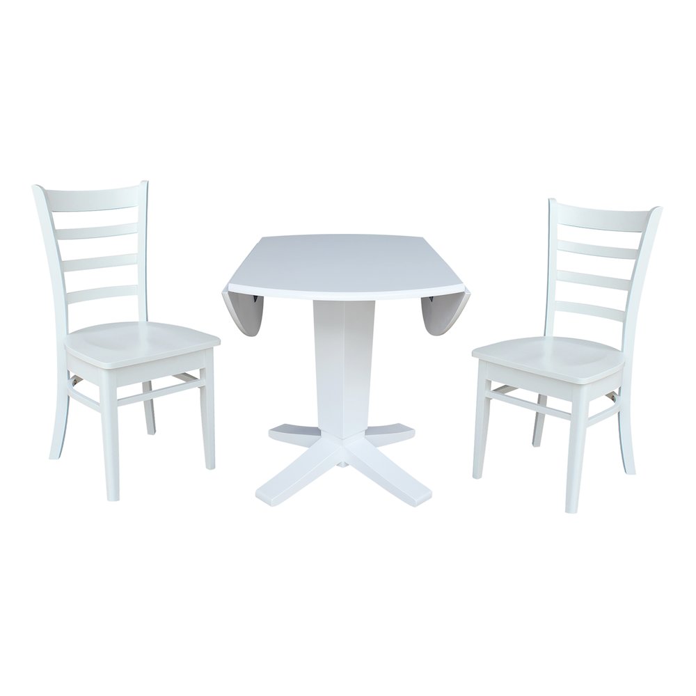 42 in Round Drop Leaf Pedestal Table with 2 Dining Chairs in White - 3 Piece Set. Picture 6