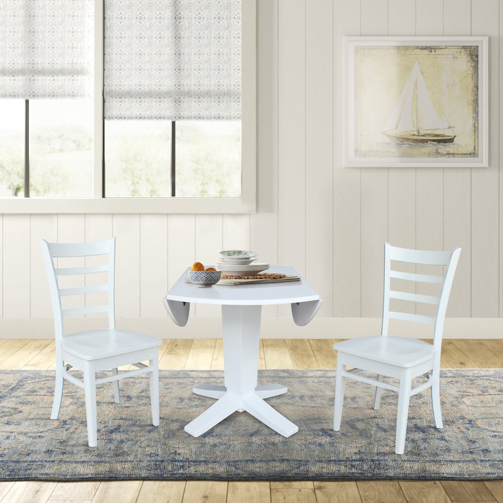 42 in Round Drop Leaf Pedestal Table with 2 Dining Chairs in White - 3 Piece Set. Picture 5