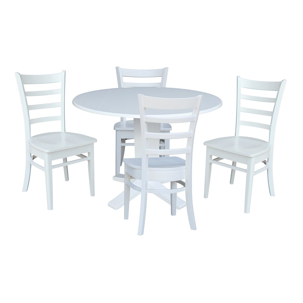 42 in Round Drop Leaf Pedestal Table with 4 Dining Chairs in White - 5 Piece Set. Picture 4