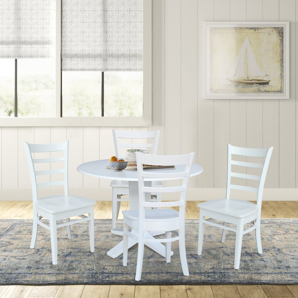 42 in Round Drop Leaf Pedestal Table with 4 Dining Chairs in White - 5 Piece Set. Picture 2