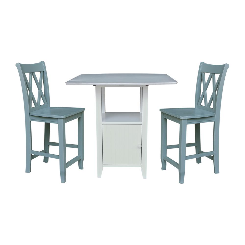 Dual Drop Leaf Bistro Table Counter Height With Storage, 2 Counter Height Stools. Picture 1