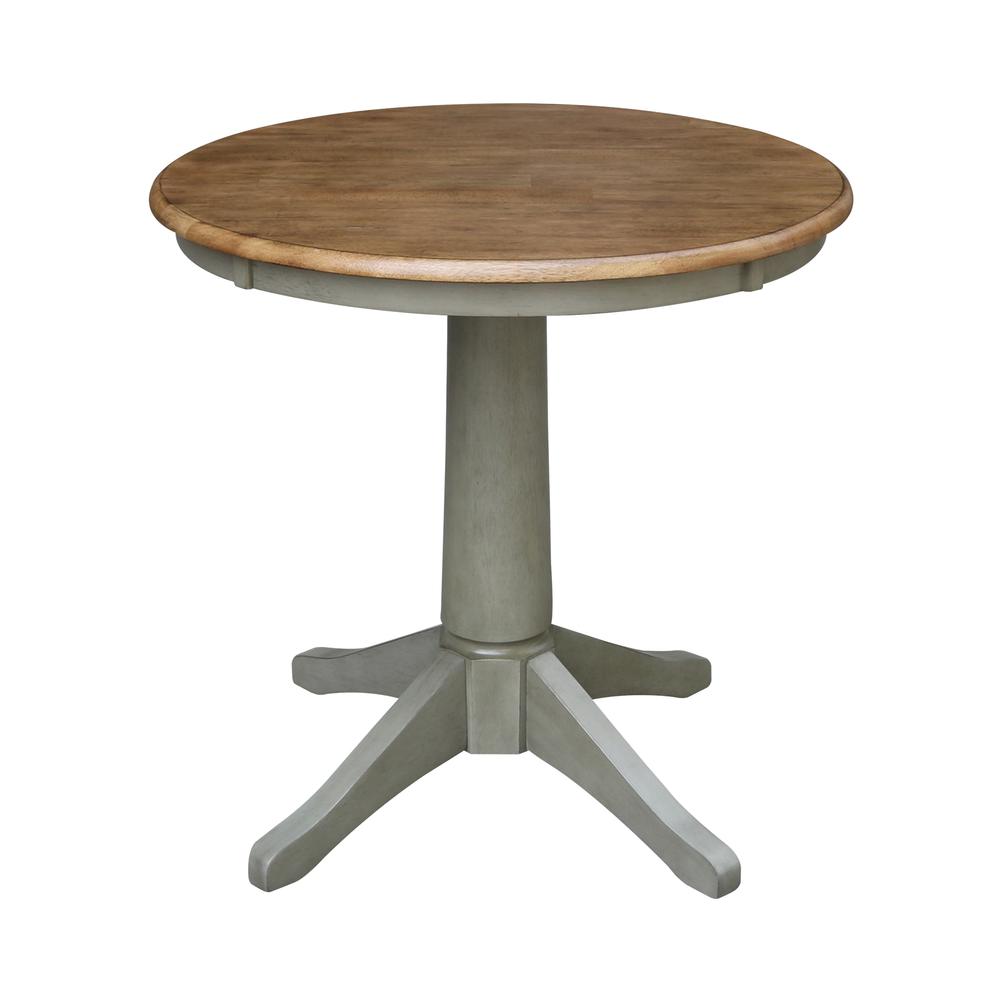 30" Round Top Pedestal Table - Dining Height - Distressed Hickory/Stone Finish. Picture 1