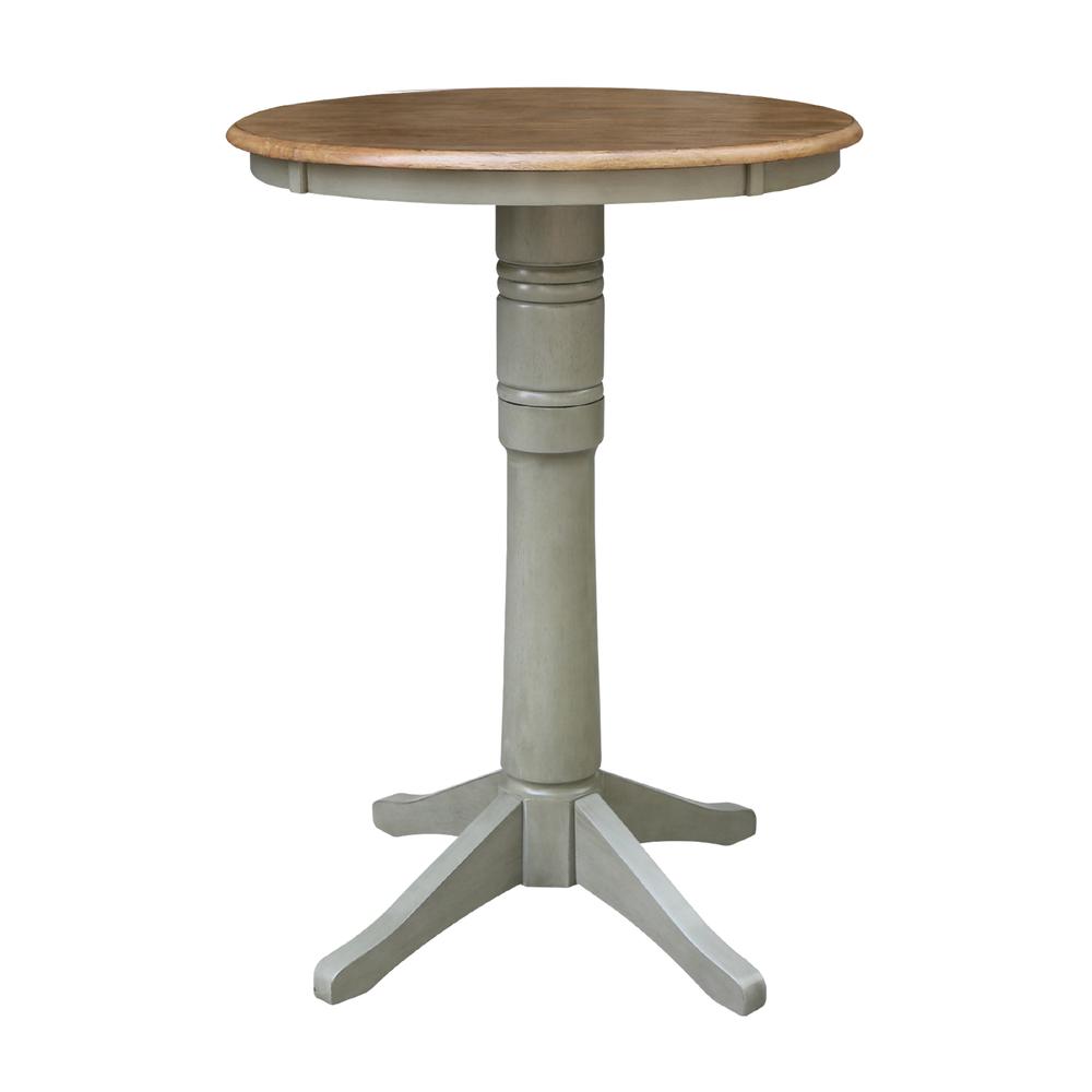 30" Round Top Pedestal Table - Bar Height - Distressed Hickory/Stone Finish. Picture 1