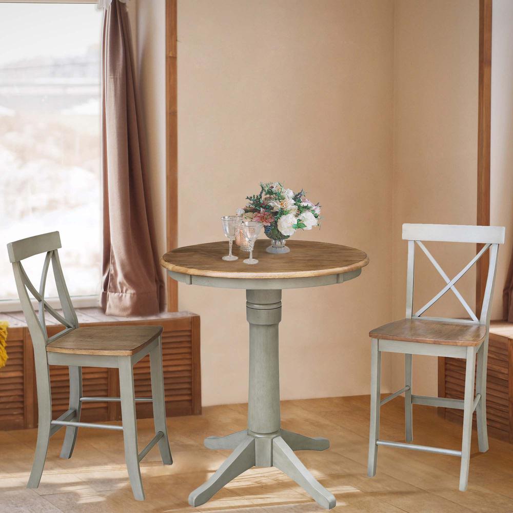 30" Round Pedestal Gathering Height Table With 2 X-Back Counter Height Stools. Picture 4