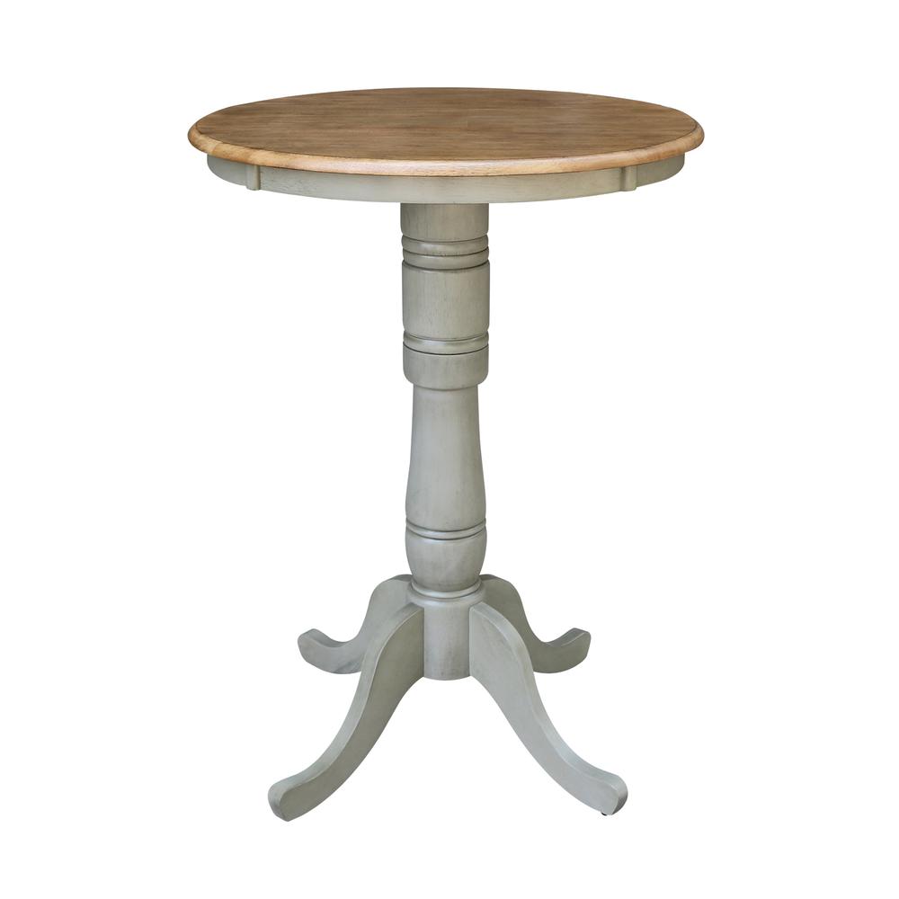 30" Round Top Pedestal Table - Bar Height - Distressed Hickory/Stone Finish. Picture 1