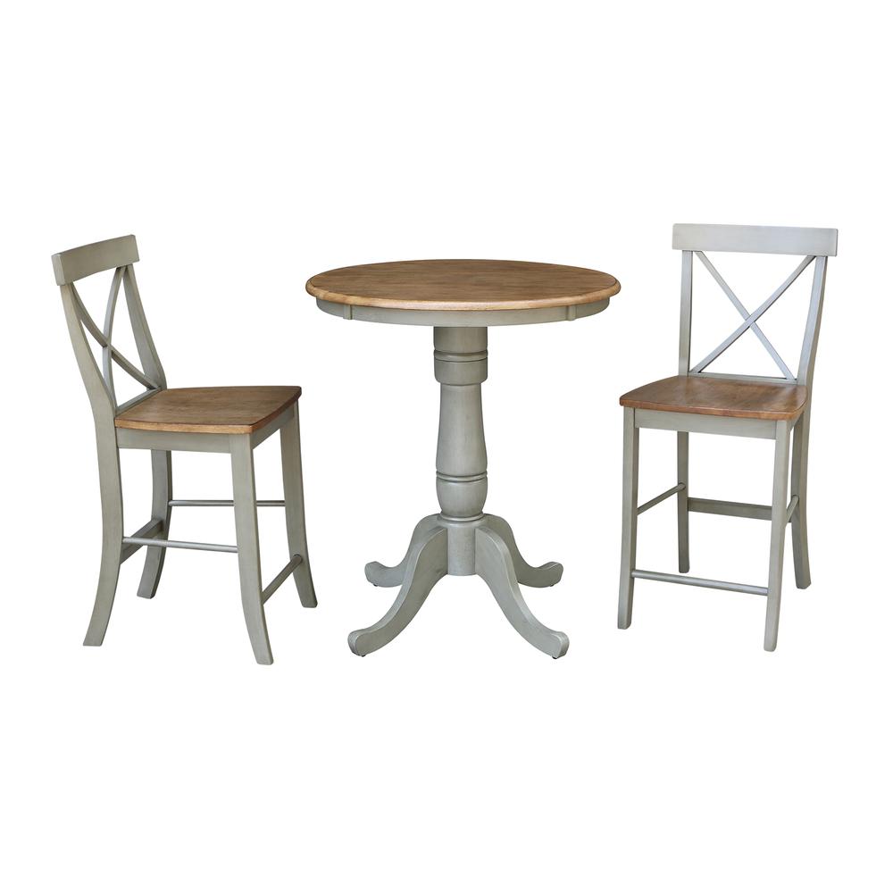 30" Round Pedestal Gathering Height Table With 2 X-Back Counter Height Stools. Picture 1