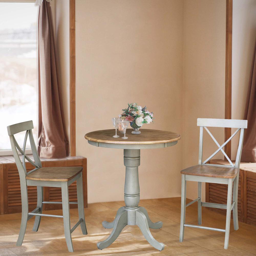 30" Round Pedestal Gathering Height Table With 2 X-Back Counter Height Stools. Picture 4