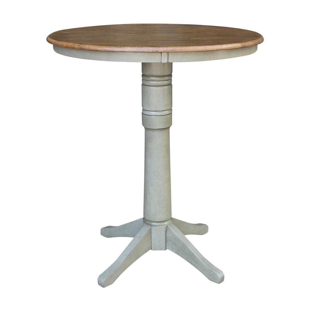 36" Round Top Pedestal Table - Bar Height - Distressed Hickory/Stone Finish. Picture 1
